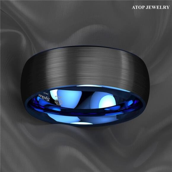 Men's Wedding Band Rings - Dome Brushed Blue Black - Wedding Rings - Picture 5 of 9